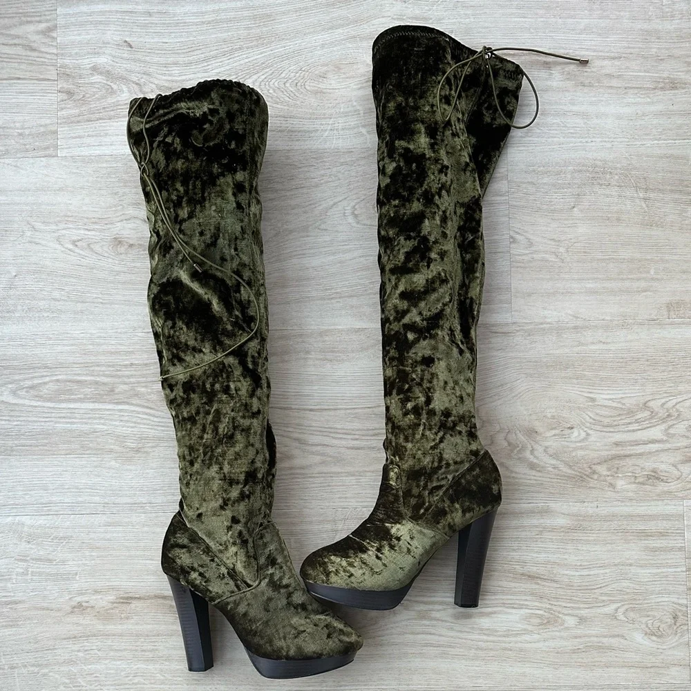 Whimsigoth Olive Green Velvet Tall Over-The-Knee Drawstring Fairycore Boots ~ 10